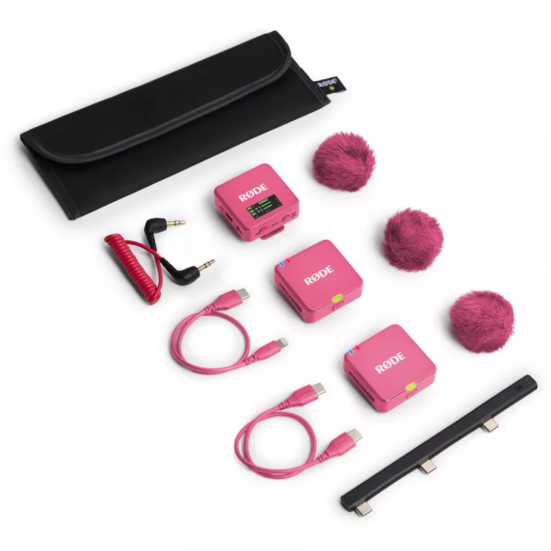 Draadloze microfoon RODE Wireless GO III roze — compact tweekanaals zender- en ontvangersysteem