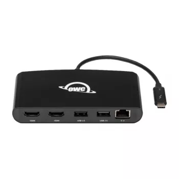 OWC Thunderbolt 3 Mini-dockingstation, 5 poorten, ondersteunt twee 4K-displays, Gigabit-ethernetaansluiting, geïntegreerde kabel