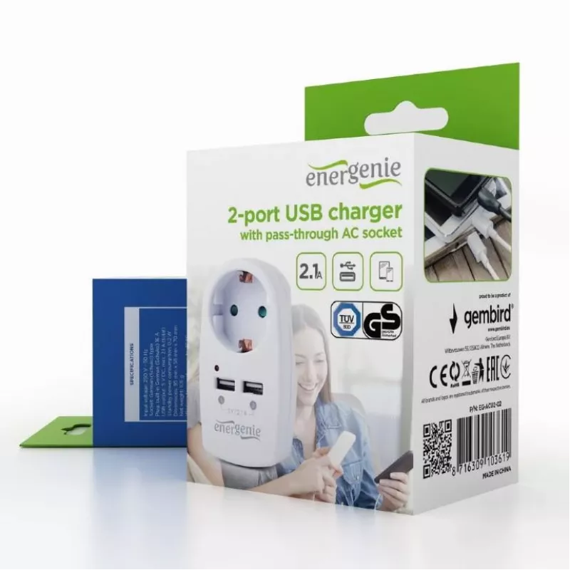 USB-oplader met doorvoerstopcontact/EG-ACU2-02 Gembird
