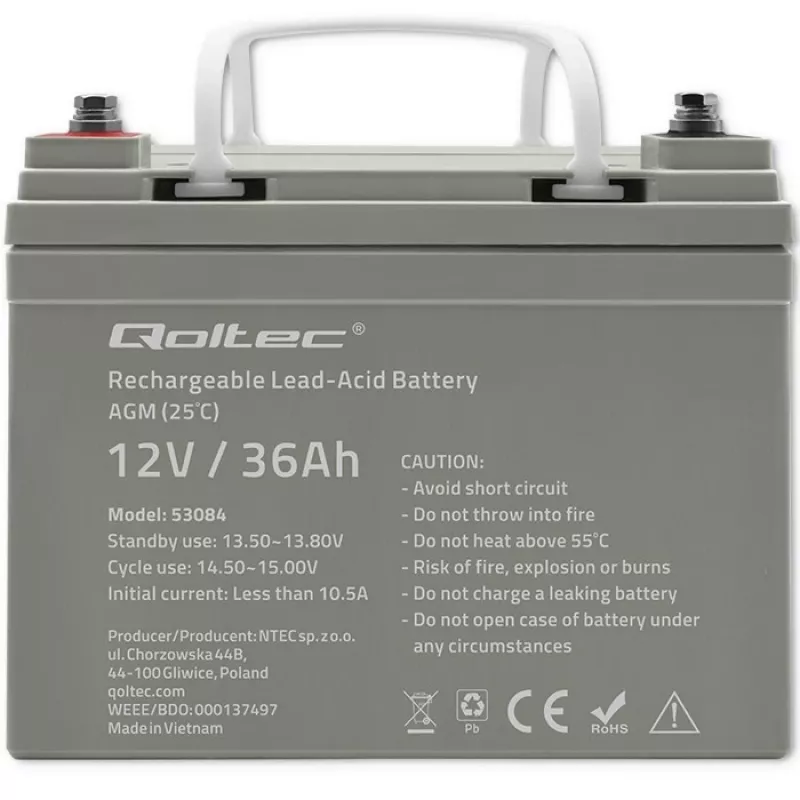 Verzegelde AGM-UPS-accu QOLTEC 53084 12V 36Ah LongLife