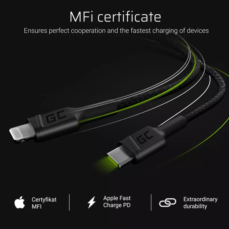Green Cell PowerStream KABGC07 USB-C-naar-Lightning-kabel, 1 m, PD, Apple MFi, zwart