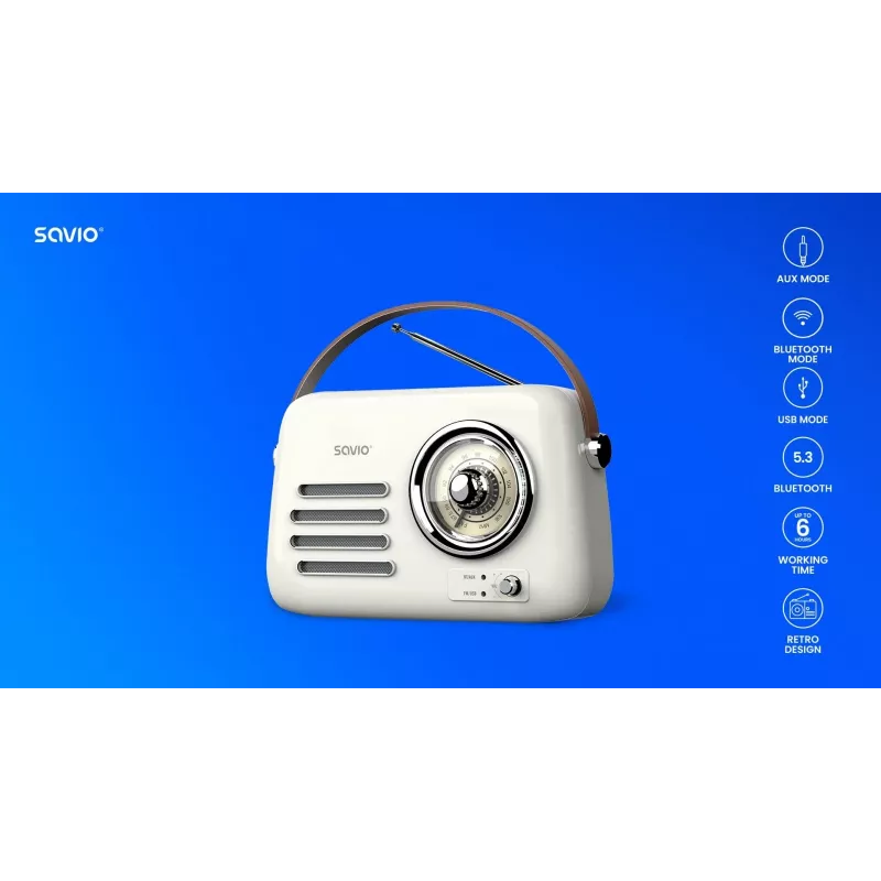 Draagbare radio SAVIO RS-02 — analoge FM-tuner, Bluetooth 5.3, USB-voeding, 3 W, wit