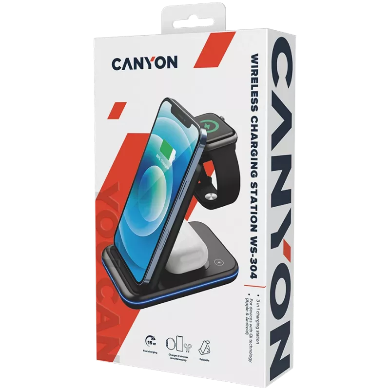 CANYON draadloze oplader WS-304 15W 3in1 zwart
