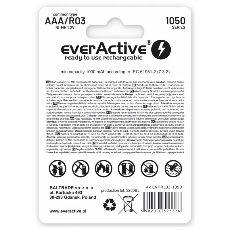 Oplaadbare AAA-NiMH-accu's everActive EVHRL03-550 1,2 V 550 mAh 4-pack, cilindrisch R03