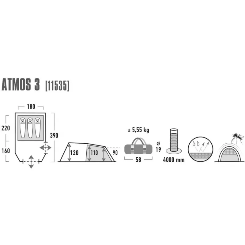 High Peak Atmos 3 koepeltent 3 personen zwart, groen 11535