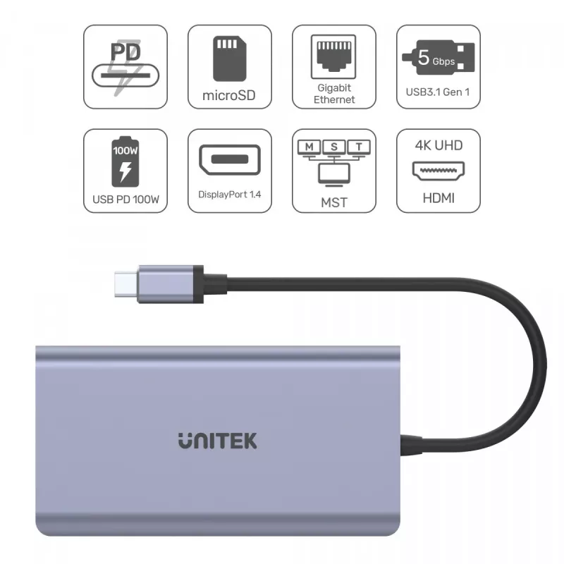 Hub UNITEK uHUB S7 USB 3.2 Gen 1 Type-C grijs