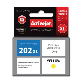 Inktpatroon ActiveJet AE-202YNX geel, compatibel met Epson 202XL, 12 ml kleurstofinkt, hoge (XL) capaciteit, singlepack
