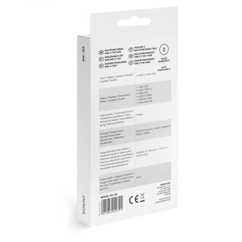 USB Type-C hub SAVIO AK-82 met HDMI, MicroSD, USB 3.2 Gen1, PD-doorgang, 4K@30Hz, 5000 Mbit/s, zwart