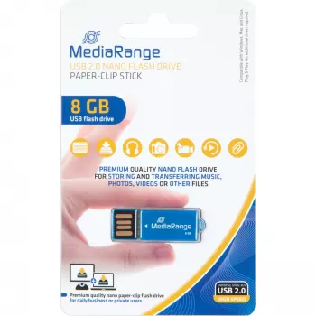 USB Nano 8 GB, USB-stick blauw, USB-A 2.0, met paperclip-functie