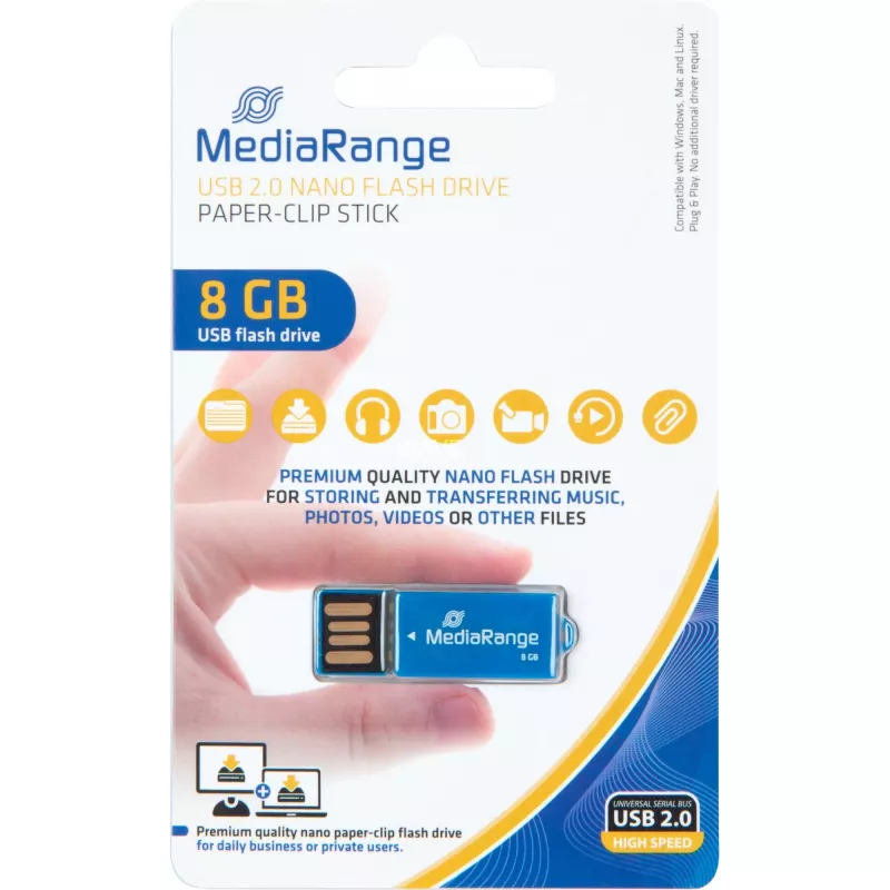 USB Nano 8 GB, USB-stick blauw, USB-A 2.0, met paperclip-functie