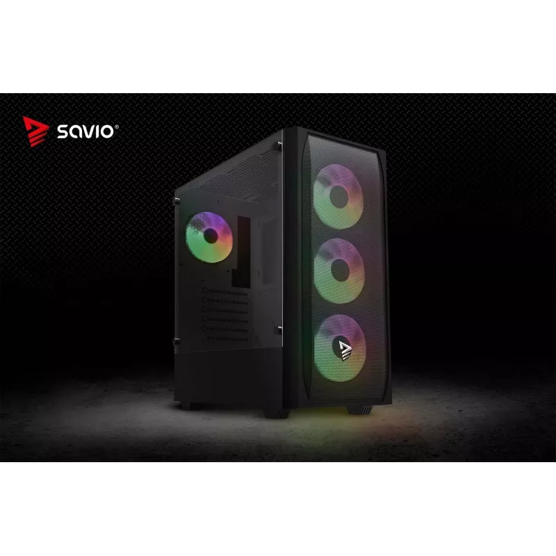 PC-behuizing SAVIO Noctis Flow RGB — Cube, ATX/Mini-ITX, 3x 120 mm frontventilatoren, zijvenster van gehard glas, max. GPU 35 cm