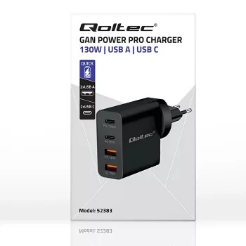 Qoltec GaN POWER PRO oplader | 2xUSB-C | 2xUSB | 130W | 5-20V | 1.5-5A | XP | zwart