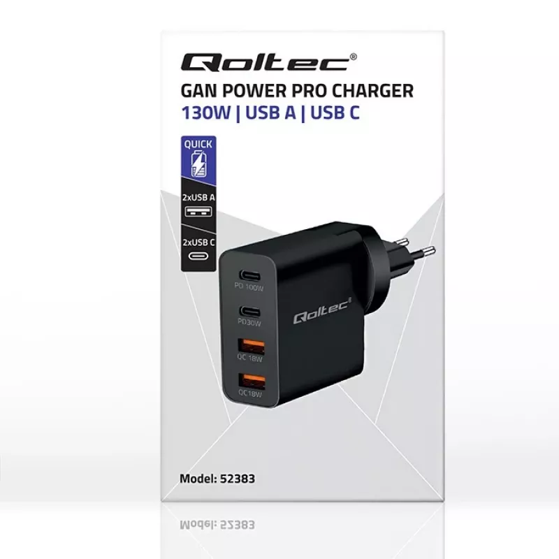 Qoltec GaN POWER PRO oplader | 2xUSB-C | 2xUSB | 130W | 5-20V | 1.5-5A | XP | zwart