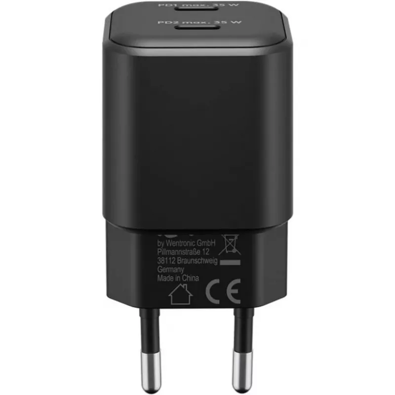 Wandlader GOOBAY 75333 — universele AC-USB-C-oplader voor binnen, 2x USB-C, 35 W, zwart