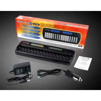 Batterijoplader everActive NC-1600 — universele DC-oplader voor Li-Ion, ondersteunt 16 cellen, compatibele maten AA/AAA/C, zwart, AC 100–240V 50–60Hz