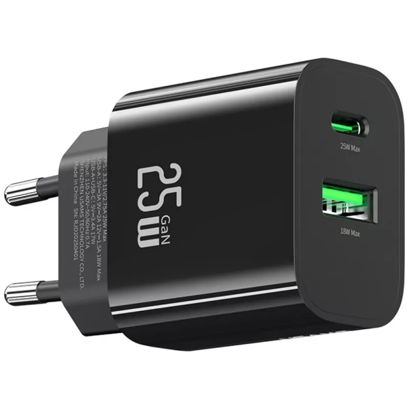 USB-oplader usams USA001629 25W 1×USB-C + 1×USB-A snelladen
