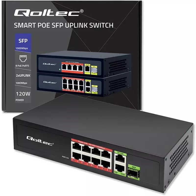Ethernet switch QOLTEC 52297 PoE RJ45 met PoE-uplink en SFP-poort
