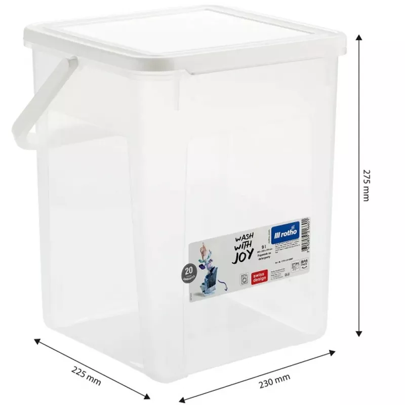 Kunststof wasmiddelbak Rotho Basic 9 L model 1770101100RP, wit, deksel, ophanggat