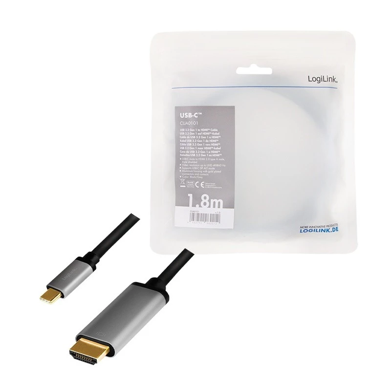 LogiLink CUA0101 USB 3.2 Gen1 Type-C naar HDMI-A kabel 1,8 m zwart grijs