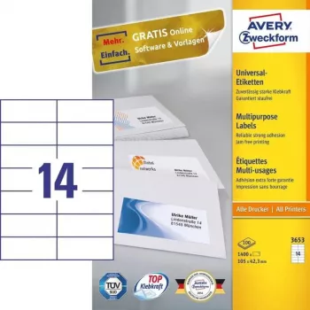 Avery 3653 zelfklevend etiket rechthoek permanent wit 1400 stuks
