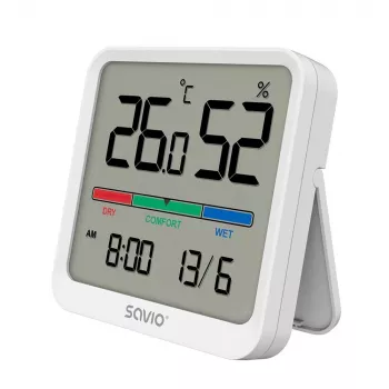 Binnenruimte temperatuur- en vochtigheidssensor SAVIO CT-01/W, LCD-display, -10–55 °C, 10–99 % rV, batterij CR2032