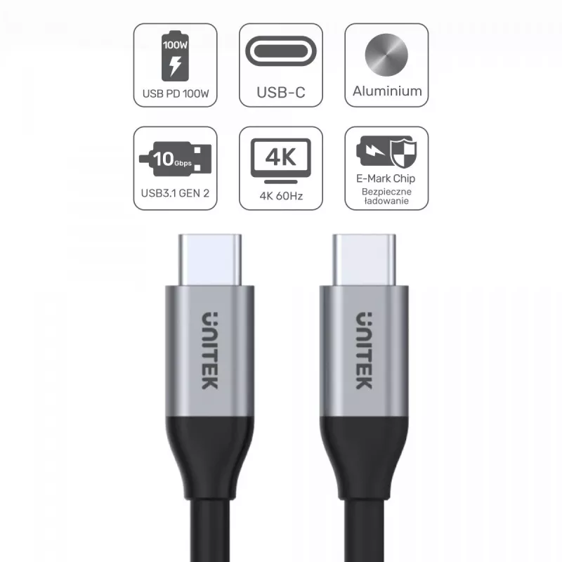 USB-C-naar-USB-C data- en oplaadkabel Unitek C14082ABK 1 m, USB 3.2 Gen 2 (10 Gbit/s), 100 W PD, zwart