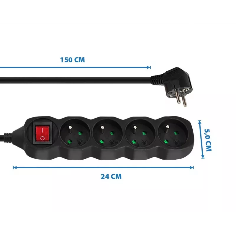 Verlengsnoer ESPERANZA ELK212K — 1,5 m kabel, 4 Type-E stopcontacten, binnen, zwart