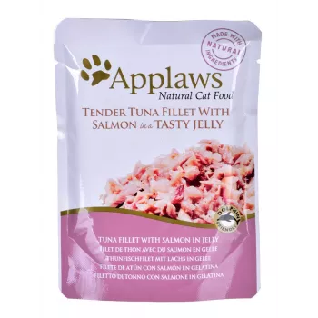 Natvoer voor katten Applaws tonijn en zalm in gelei 70 g zakje — volwassen, 13% proteïne, 82% vocht