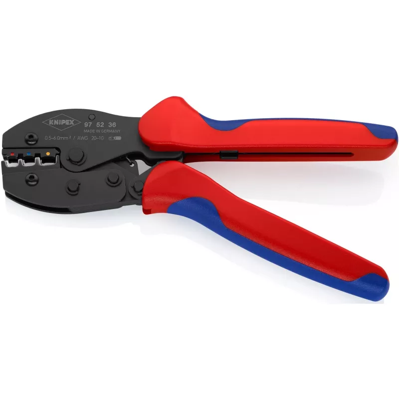 Knipex 97 52 36 PreciForce krimptang 220 mm, 0,5–6,0 mm², 3 krimpnesten, rood/blauw