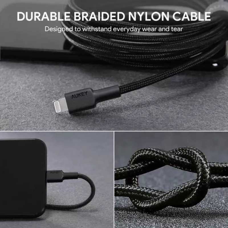 AUKEY CB-AL05 Lightning-naar-USB-A MFi-nylonkabel, 2 m, zwart