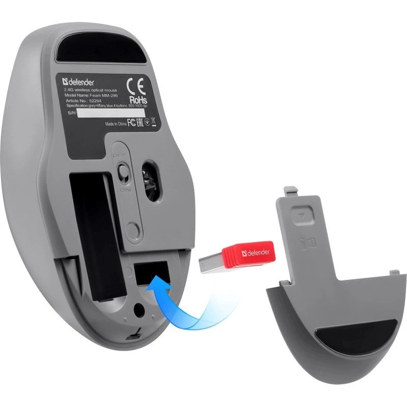 Defender Feam MM-296 52294 draadloze muis, stille klik, optisch, 1600 DPI, USB, mint