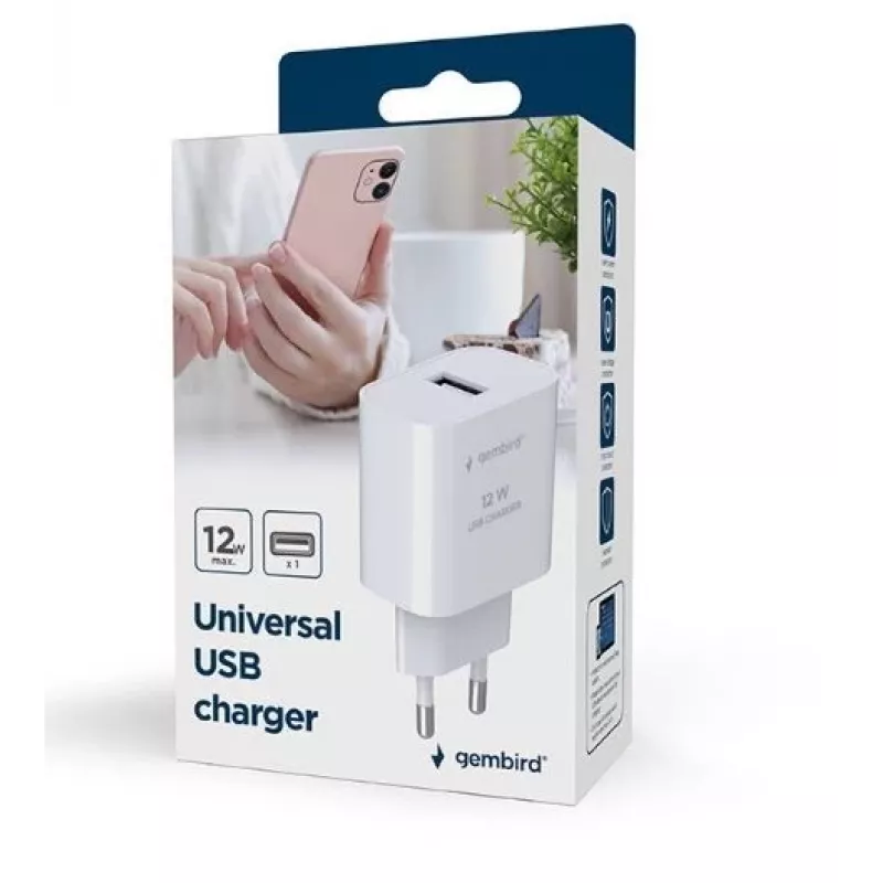 Oplader voor mobiele apparaten GEMBIRD TA-UC-1A12-01 5V 2.4A 12W USB PD, 1 aansluiting, wit