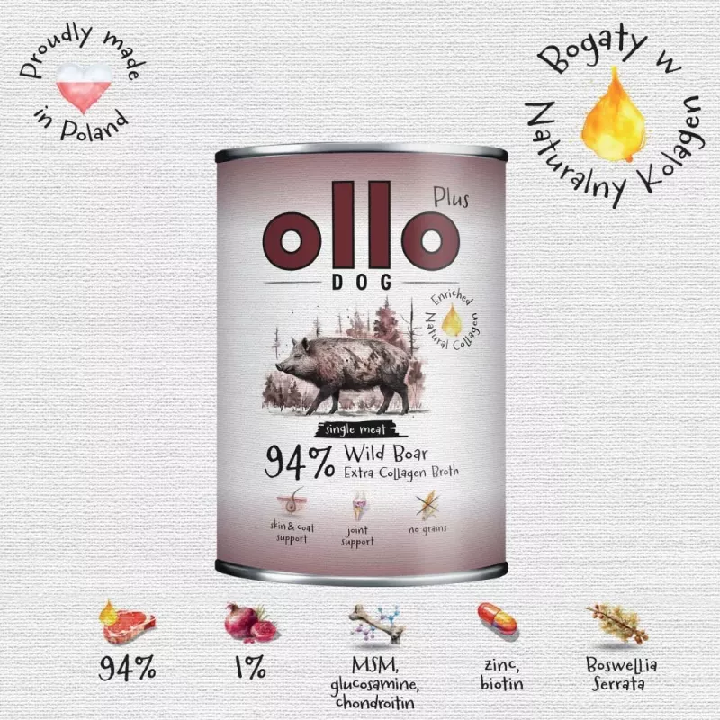 Ollo Plus collageen wild zwijn 400g hondenvoerblik