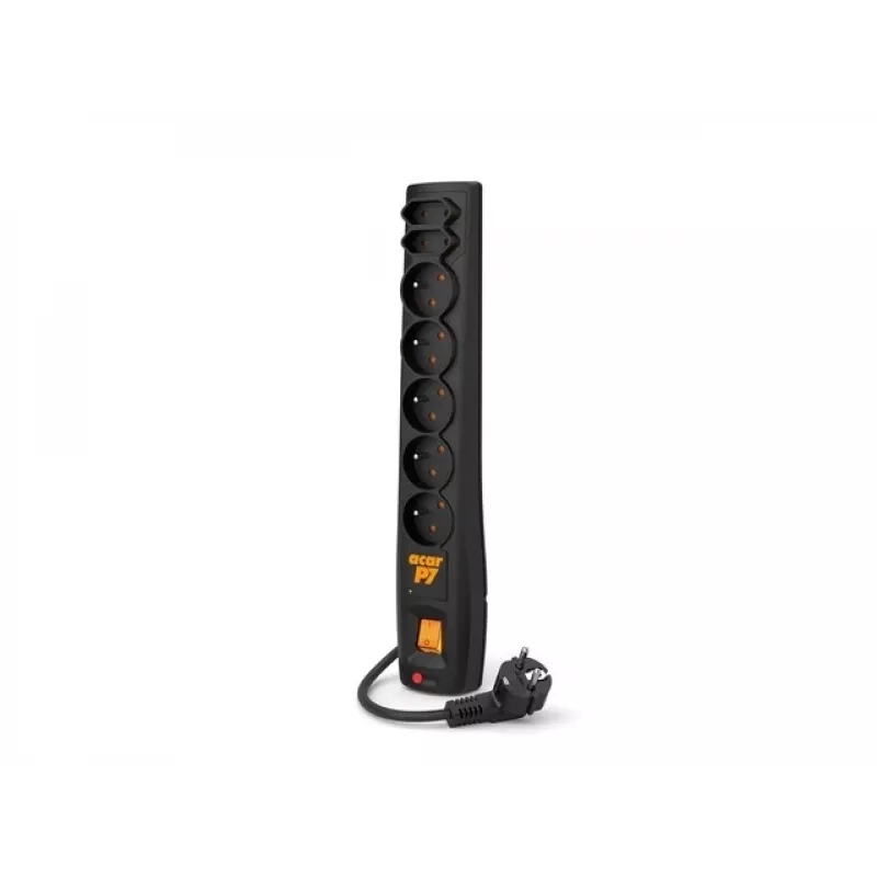 Acar P7 stekkerdoos met overspanningsbeveiliging, 7 contacten, 3 m, zwart