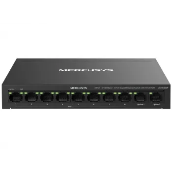 Netwerkswitch MERCUSYS MS110CMP — 8-poorts PoE, 10 Gigabit RJ‑45-poorten totaal, 115 W PoE-budget, desktop-/wandmontage, zwart