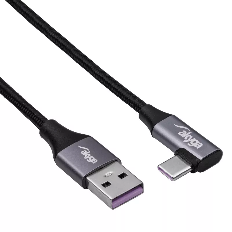 Akyga AK-USB-58 haakse USB-C naar USB-A kabel, 30 cm, 60 W, gevlochten, zwart