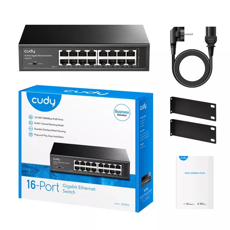 Netwerk-switch Cudy GS1016 — 16-poorts Gigabit Ethernet (10/100/1000), 32 Gbit/s switching, rackmontage, AC-gevoed