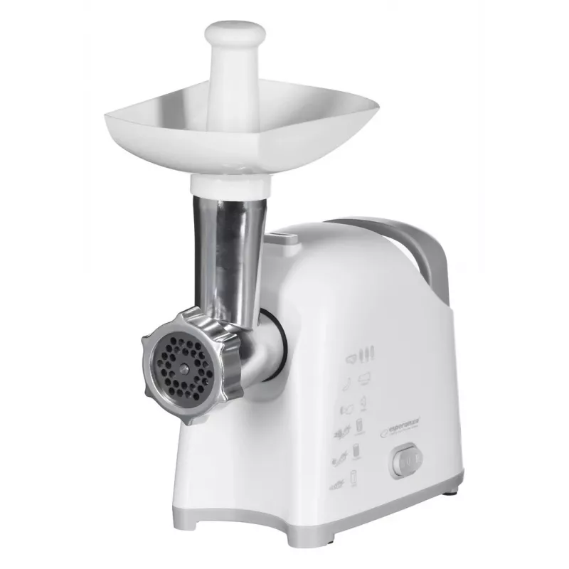 Vleesmolen ESPERANZA EKM033, 2200 W, wit, RVS-mes, achteruitloop, worsthulpstuk, kebbe-opzetstuk
