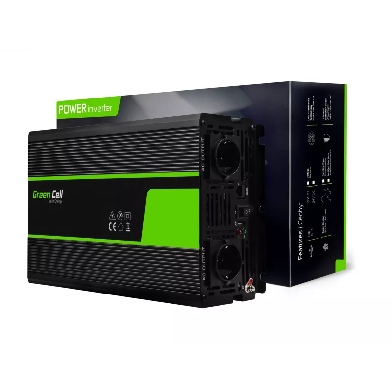 Auto-omvormer Green Cell INV22 — 1500 W, 12 V DC naar 230 V AC, 50 Hz, LED, actieve koeling, zwart