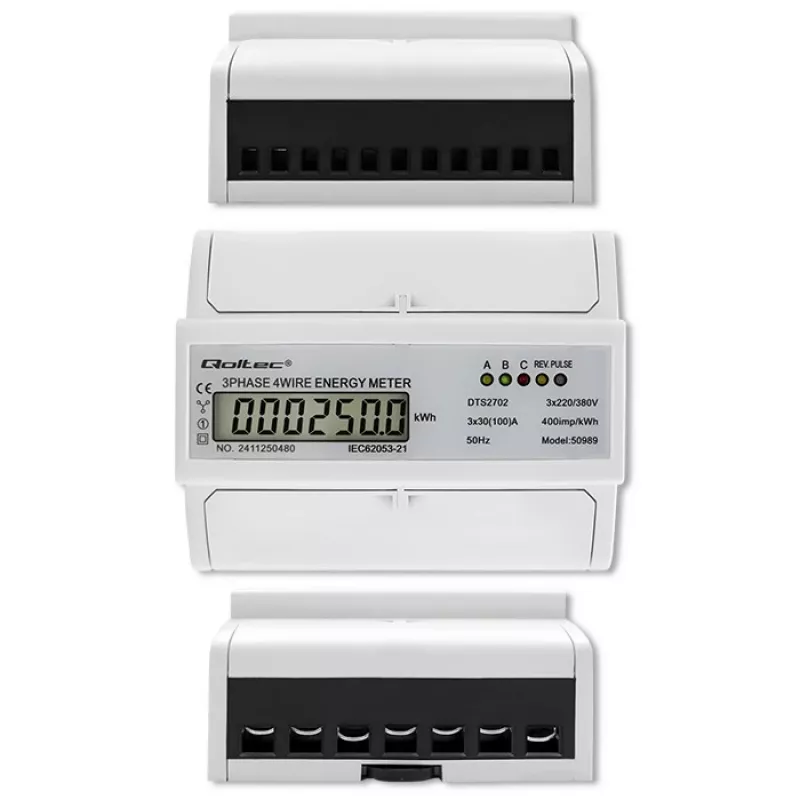 Qoltec driefasige bidirectionele elektronische meter | DIN-rail energieverbruiksmeter | 400V | 100A | LCD | 4P