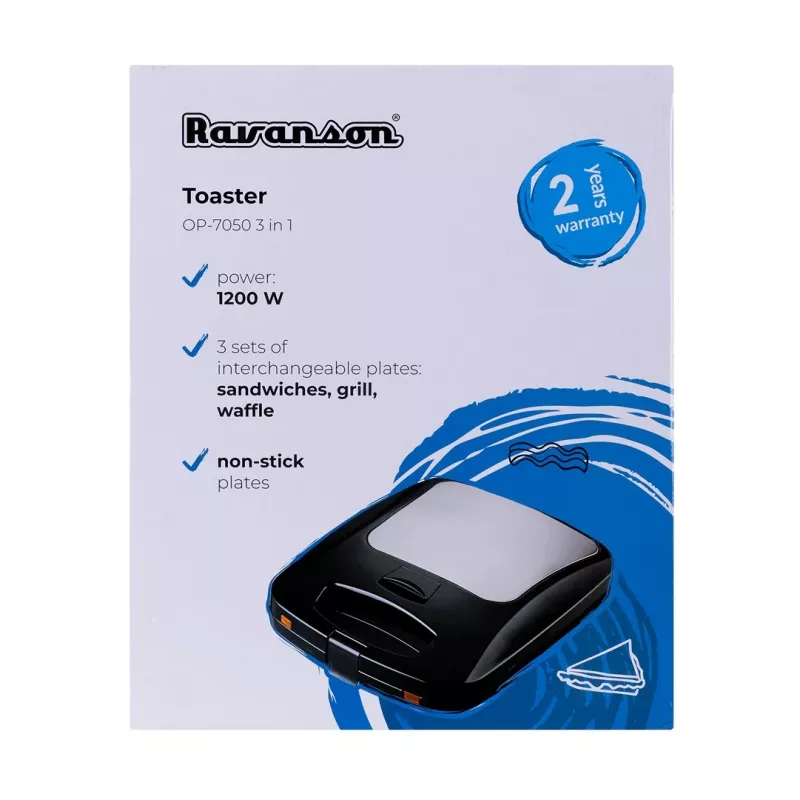 Ravanson OP-7050 3-in-1 sandwichmaker, 1200 W, Zwart/Zilver