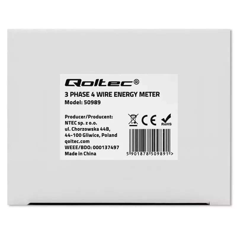 Qoltec driefasige bidirectionele elektronische meter | DIN-rail energieverbruiksmeter | 400V | 100A | LCD | 4P
