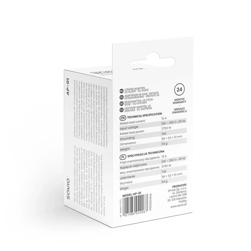 SAVIO AP-01 reisadapter, US-stopcontact – EU-stekker