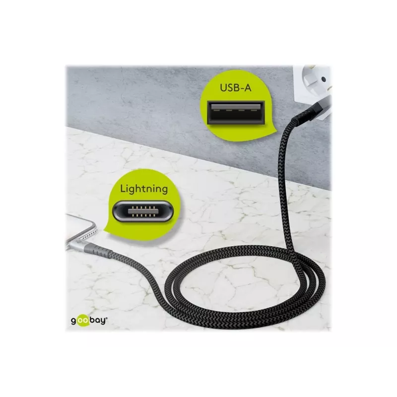 Goobay 49269 USB-A-naar-Lightning-kabel, 2 m, textielomhulling, metalen stekkers, MFi-gecertificeerd, USB 2.0, spacegrijs/zilver
