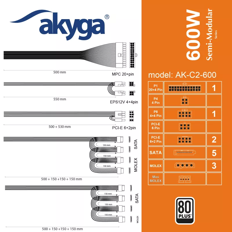 Akyga AK-C2-600 Classic 600 W ATX-voeding, semi-modulair, actieve PFC, 120-mm ventilator