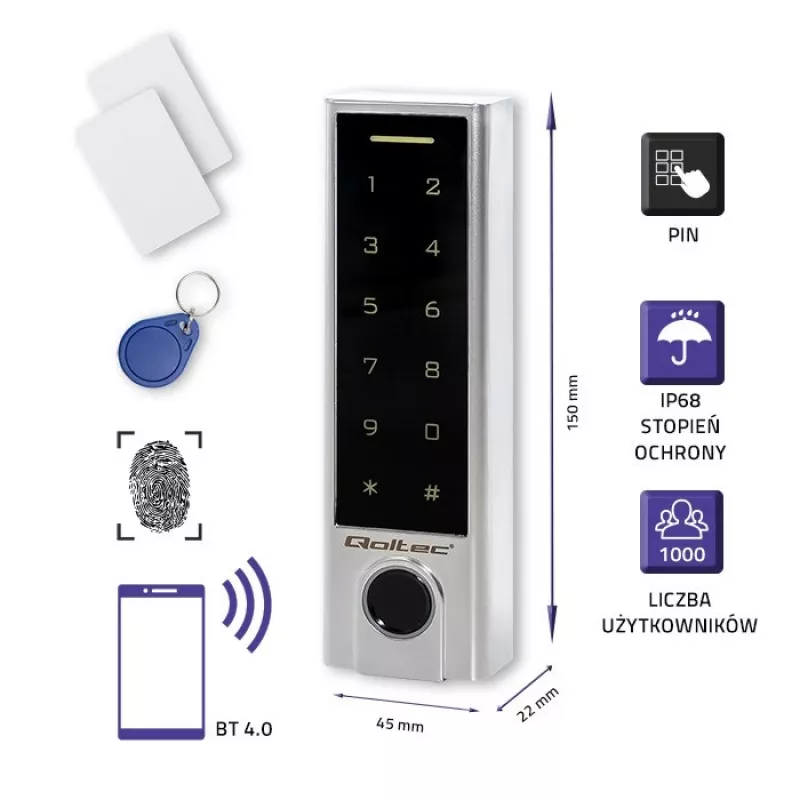 Qoltec 52448 codeslot TITAN met vingerafdruklezer | RFID | BT 4.0 | code | kaart | sleutelhanger | deurbel | IP68 | EM
