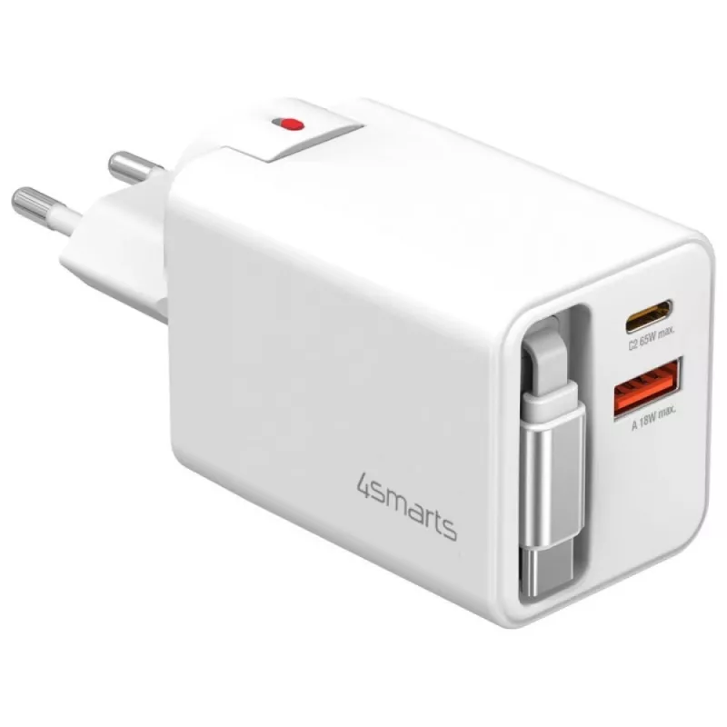 4smarts 541065 GaN Flex Jojo 65W wandlader, 2x USB-C PD + USB-A QC 3.0, intrekbare USB-C-kabel, 100-240V, wit
