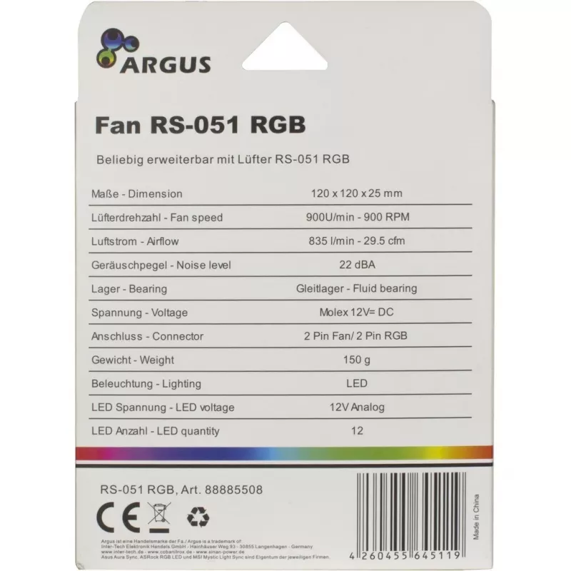 INTER-TECH Argus RS-051 RGB 120 mm behuizingsventilator, 900 tpm, zwart
