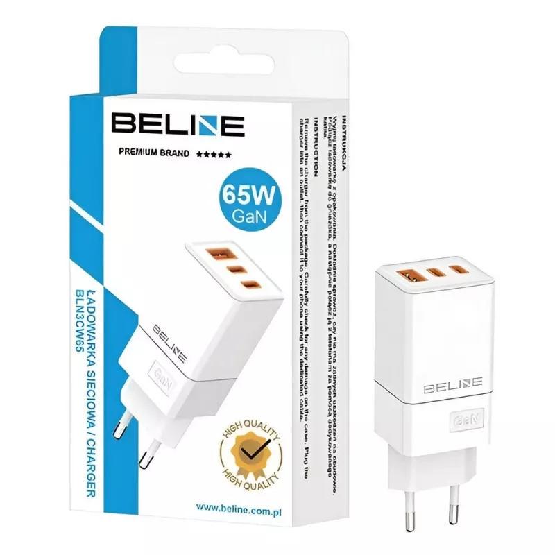 Beline ad. Siec. 2x USB-C 1x USB 65W wit/wit (alleen kop) PD 3.0 QC
