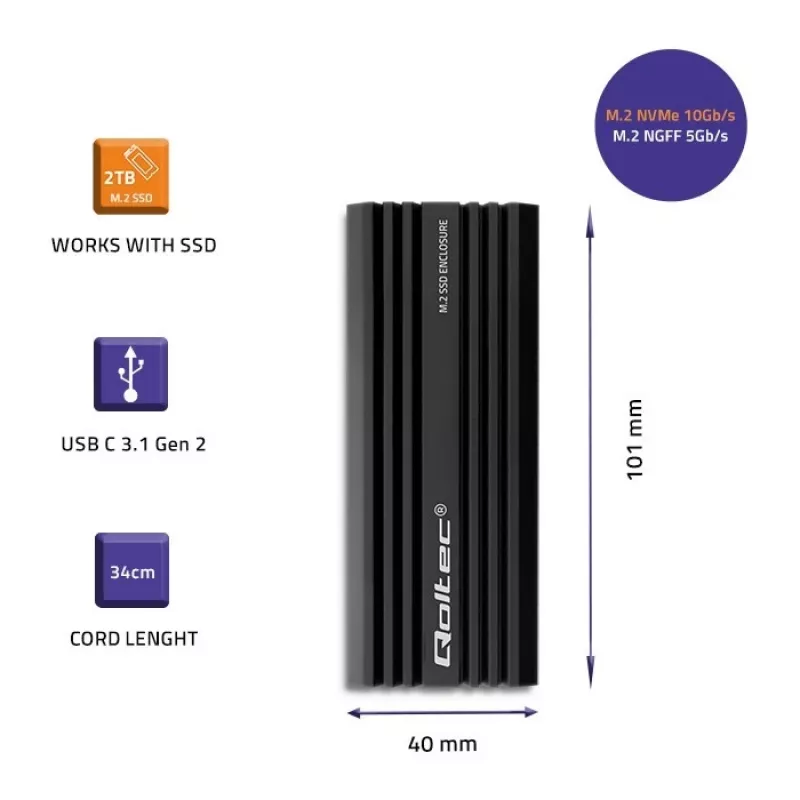 Externe SSD-behuizing QOLTEC NV2270 voor M.2 SATA/NVMe-schijven, USB-C, tot 2 TB